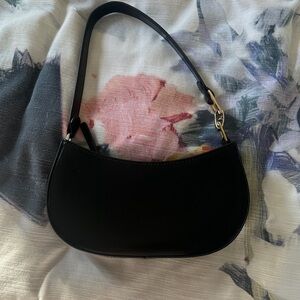 STAUD Black Crescent Shoulder Bag with Gold-Tone Hardware